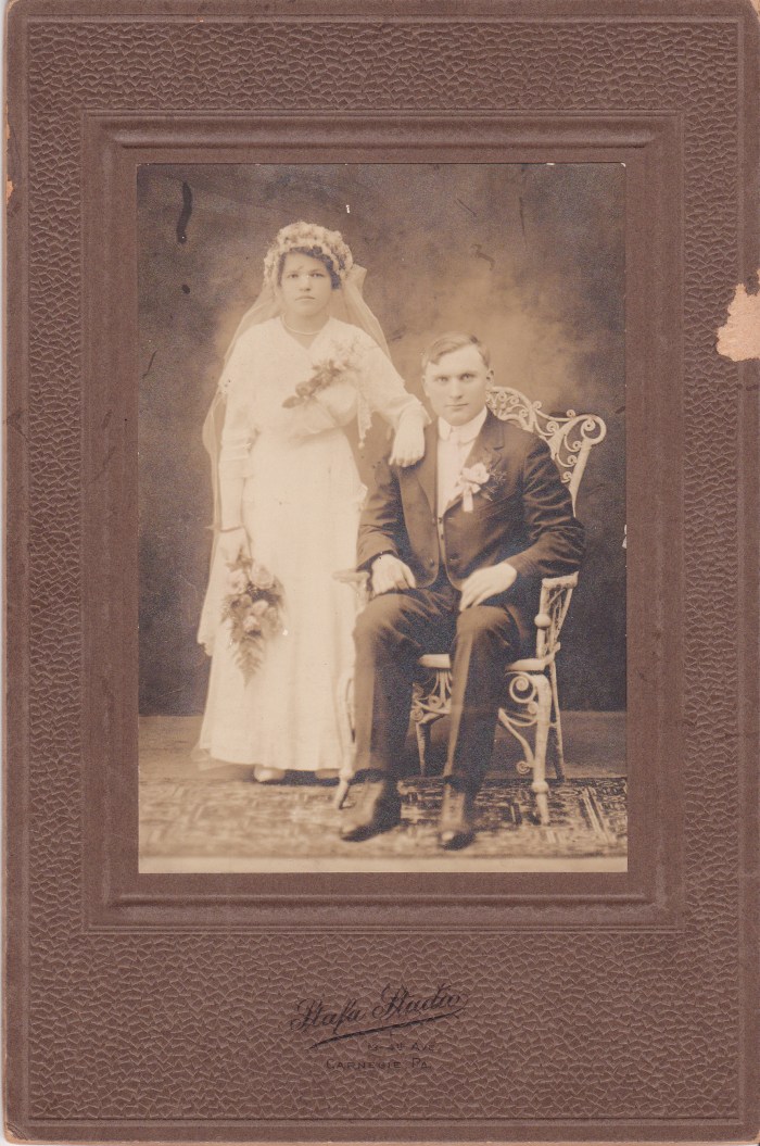 Wedding photo of Sophia Satkiewicz and Jan Rozenek ~ taken by Stafa Studio, Carnegie, PA circa 1914.