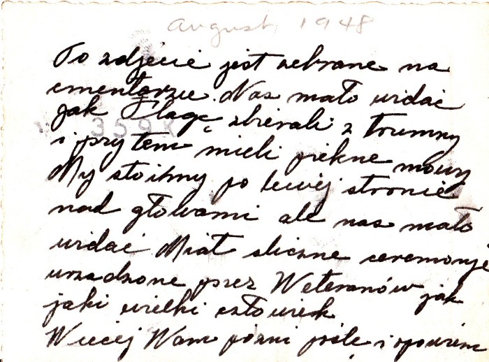 Back of photo from August 1948 about the memorial service for Paul Rozenek.