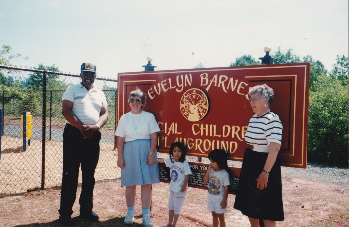 With Evelyn Barnes, at the dedication of the playground, her longtime Physical Therapist, Nancy Meyers.