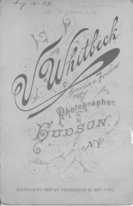 Back of photograph of NIna Dakin. 1891. V. Whitebeck Studio. Successort to Forshew.