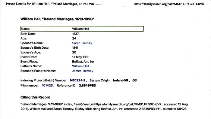 WilliamHallSarahTierneyMarriageB