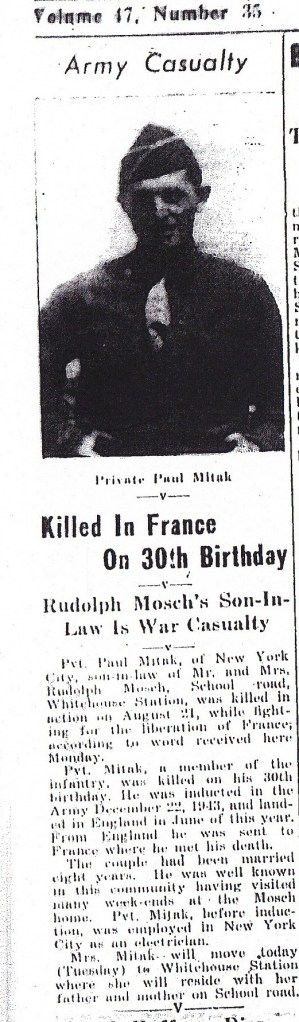 September 26, 1944 - Front page of the Whitehouse Review, Whitehouse Station, NJ.
