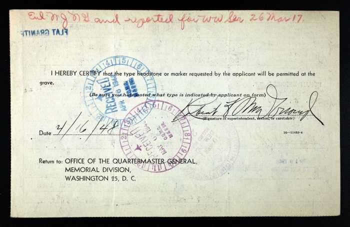 Appplication for Bernard Doran - reverse side of card.